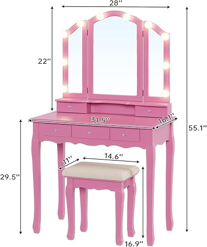 Miniatura 5 de Tiptiper Escritorio de tocador con espejo de tres pliegues y luces, tocador de maquillaje con taburete tapizado de madera, escritorio de maquillaje
