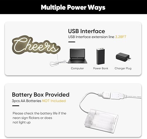 Miniatura 5 de KANAYA Letrero LED de neón con texto en inglés "Cheers", blanco cálido, regulable, luz de pared alimentada por USB, para el hogar, bar, pub,