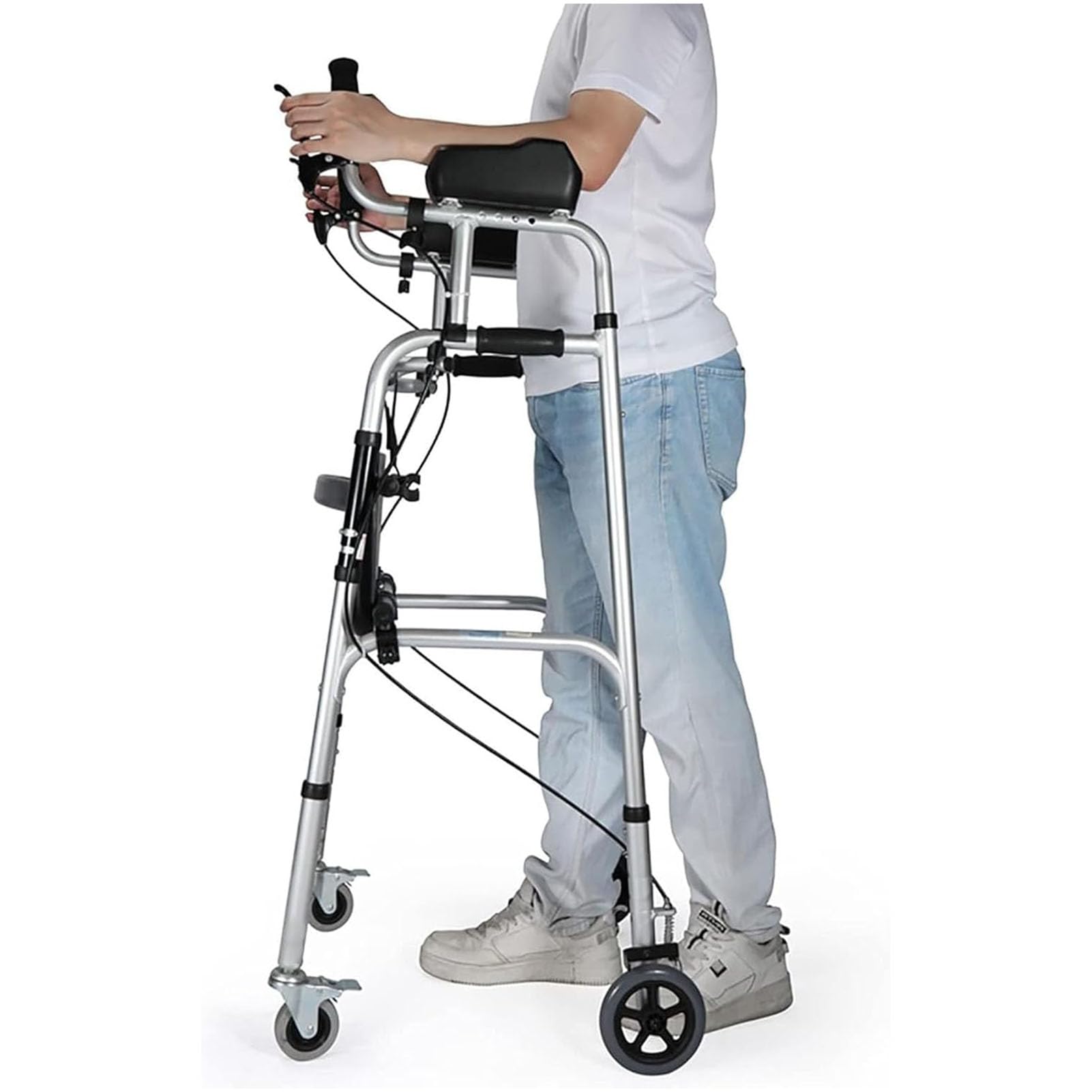 SXSLTSA Upright Walker Rollator with Brakes, Compact Folding Rolling Mobility Aid with Seat, Height Adjustable Mobility Walking Aid Stand Up for Adults Elderly Handicap