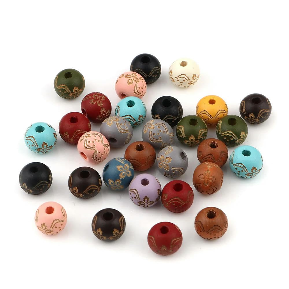 500 Uds. Cuentas espaciadoras Redondas de Madera con patrón de Flores, Cuentas de Madera Vintage para fabricación de Joyas, Pulseras de Cuentas DIY