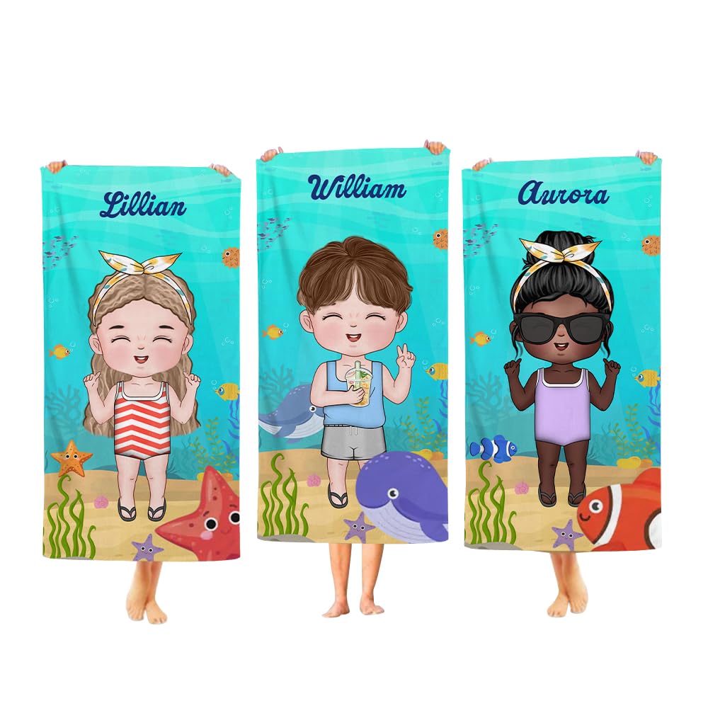 BYFDIY Personalized Cartoon Kid Character Marine Theme Oversized Quick Dry Beach Towel with Name Birthday Summer Vacation Accessories Gift for Boys Girls