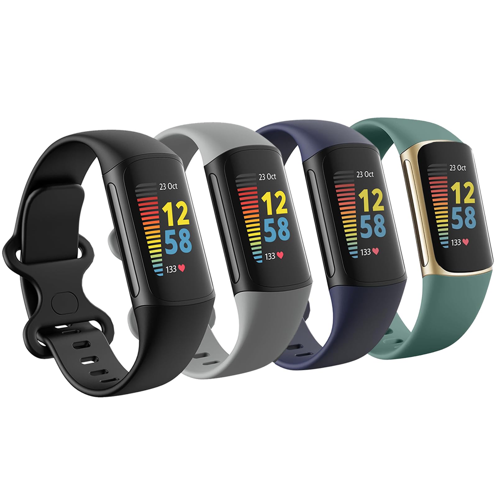 Newremote 4 Pack Waterproof Straps fit for Fitbit Charge 5 / Fitbit Charge 6 Straps for Women Men, Classic Soft Sports Replacement Strap for Women Men (Black/Grey/Navy/Green, Small 5.5''-7.8'')
