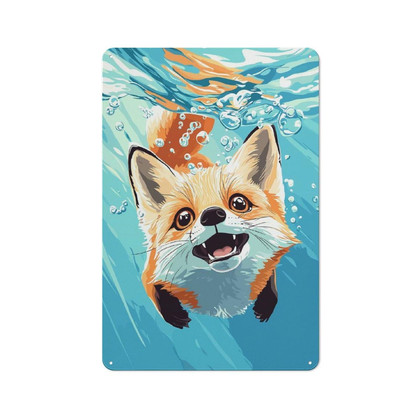 Junmoney Style-20 Fox Swimming Underwater Illustration Printed Metal Sign 30X20cm For Man Cave Or Games Room, Suited To Games Room Collectors