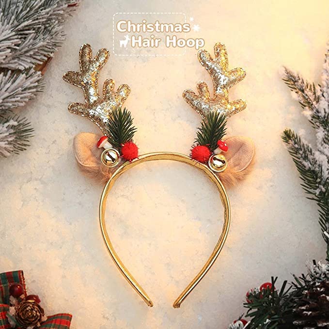 Unicra Christmas Headbands Reindeer Antlers Hair Band Xmas Holiday Hair Accessories for Women and Adults (Gold) - Image 4