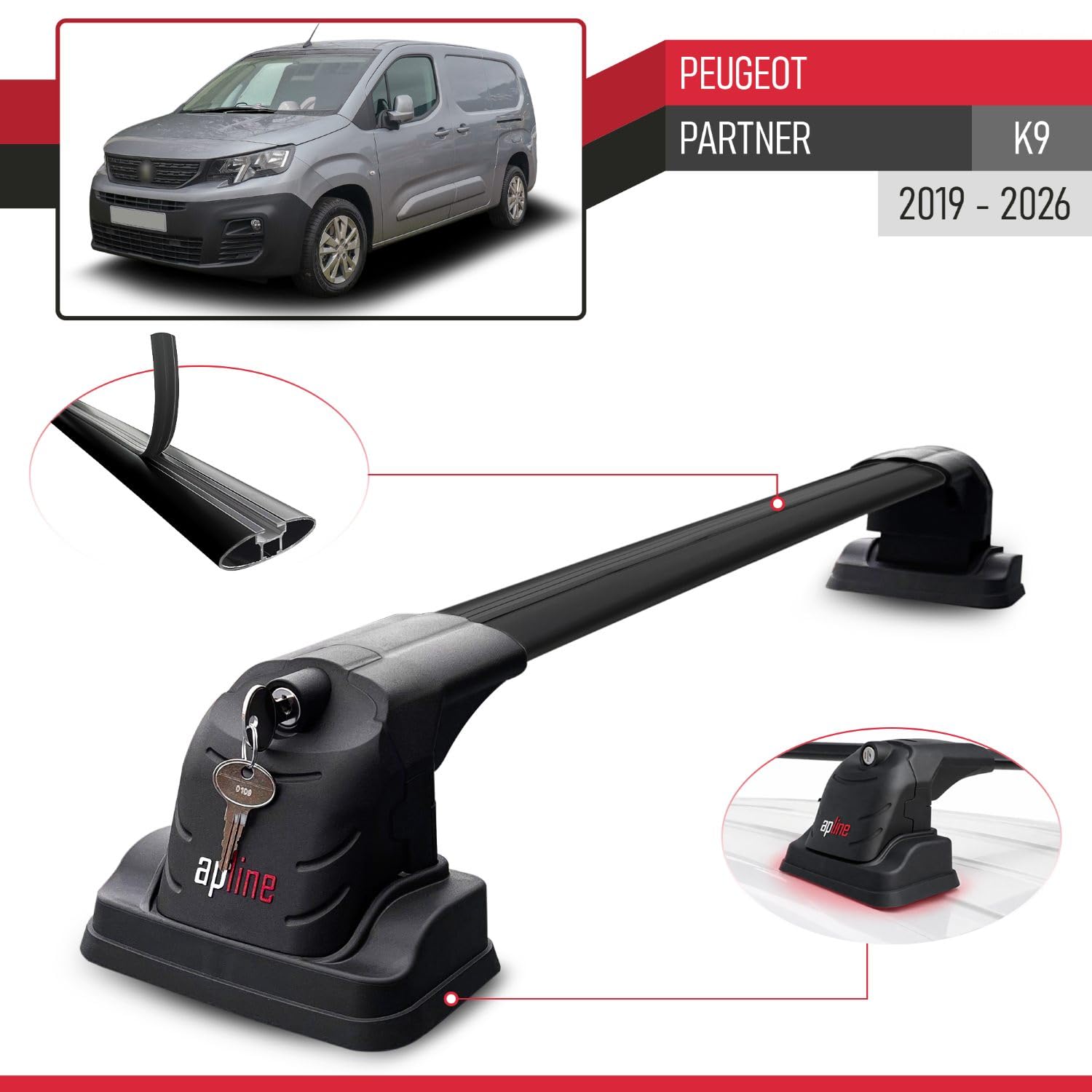 Kompatybilny z Peugeot Partner 2019-2025 ACE-3 Bagażnik dachowy Railing Bagażnik samochodowy Czarny Aluminium 2 drążki