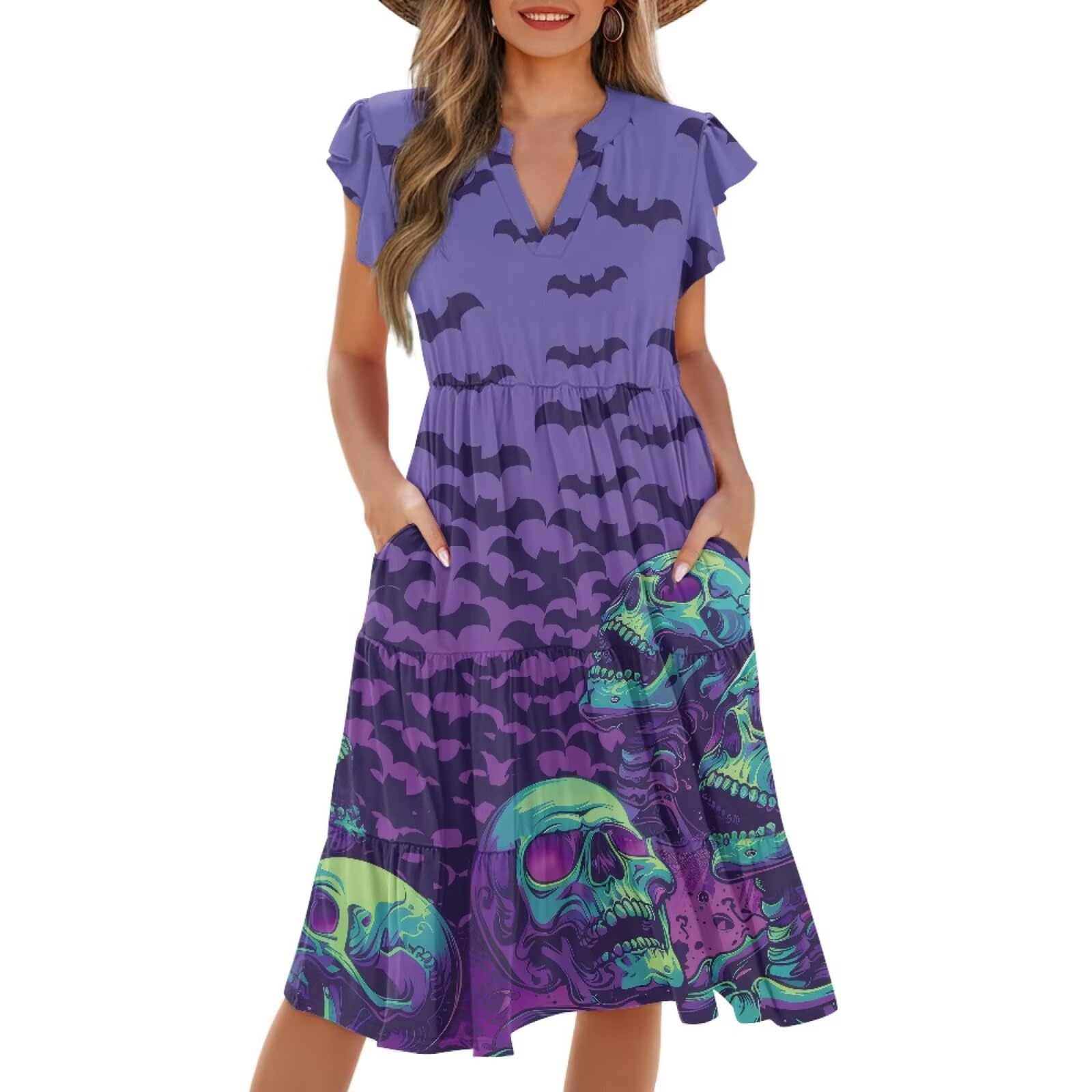 Womens Summer Dress Ruffle Sleeve V Neck Dress Casual Fit Flowy Beach Vacation Sundress with Pocket S-2XL