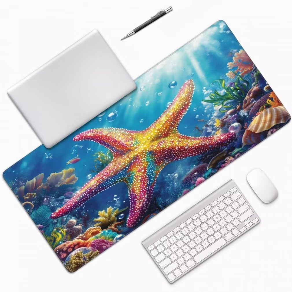 Alfombrilla Raton XXL 1000 x 500 x 3 mm, Mouse Pad Grande Gaming, Alfombrilla de Raton Estrella de Mar Mousepad Lavable Impermeable y Antideslizante para Juegos Y Oficina (Vida Marina) -MP1585