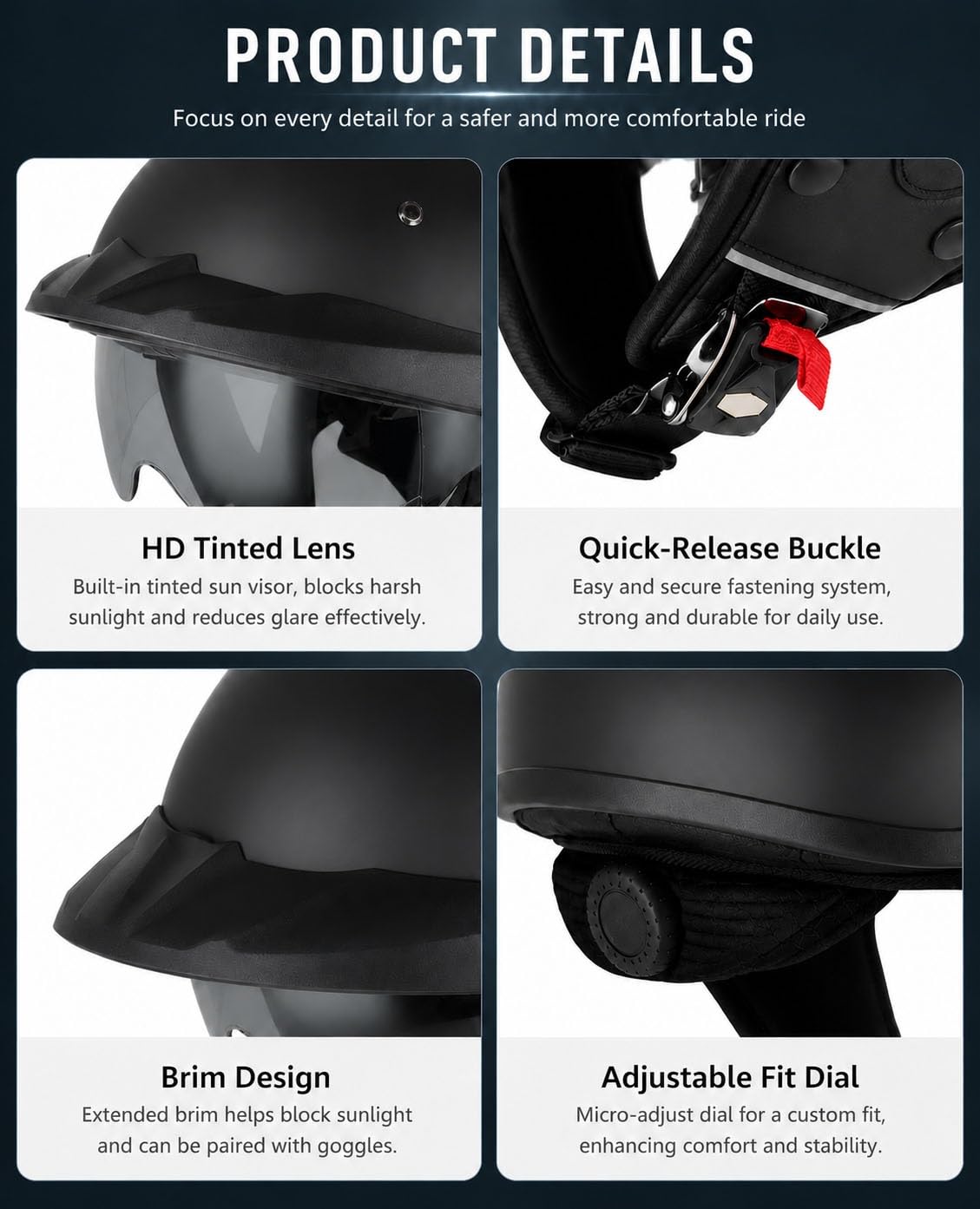 Kask Otwarty Motocyklowy dla Dorosłych, Homologowany ECE, z Blendą Przeciwsłoneczną, Zapięcie Szybkozamykające, Regulowane Dopasowanie