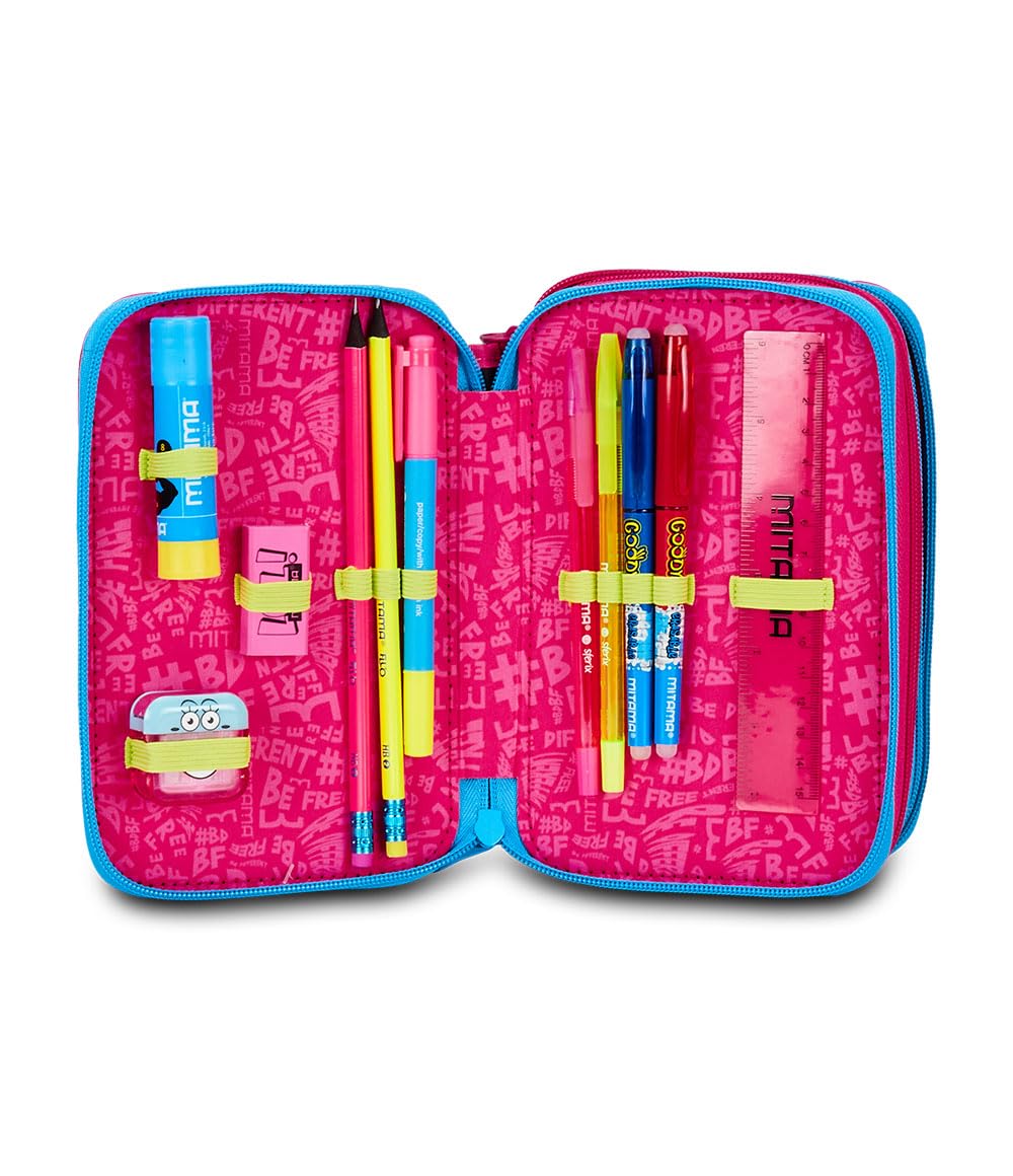 Mitama Estuche Escolar con 3 Compartimentos, Butterfly, Contenido 47 Piezas, Completo de lápices, rotuladores, portalápices Escuela Primaria niña, Rosa, Talla única, Butterfly