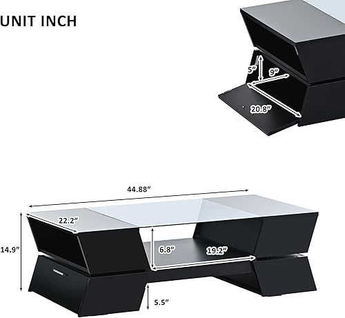 Miniatura 2 de ON-Trend - Mesa de centro moderna y brillante con cajón, mesa central rectangular de 2 niveles con iluminación LED de 16 colores para sala de estar,