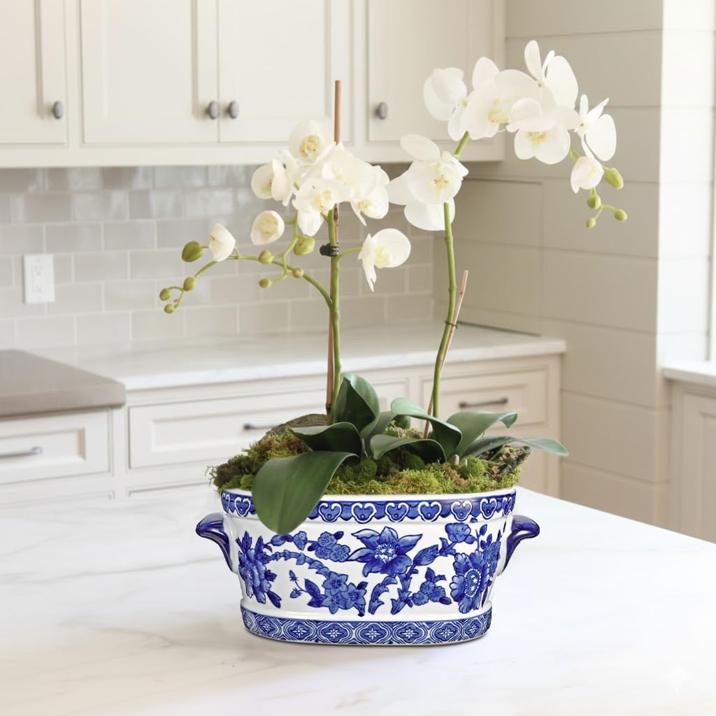 Blue and White Ceramic Planter Pot – Vintage Floral Oval Cachepot Vase for Indoor Plants, Flowers & Succulents – Glazed Chinese Porcelain Style Decorative Bowl – 7.4" Size – No Drainage