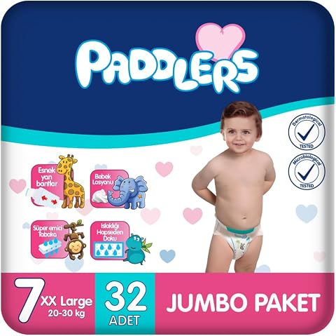 Paddlers Bebek Bezi 7 Numara XX-Large (20-30 Kg) 32 Adet – Jumbo Paket, Yüksek Emicilik