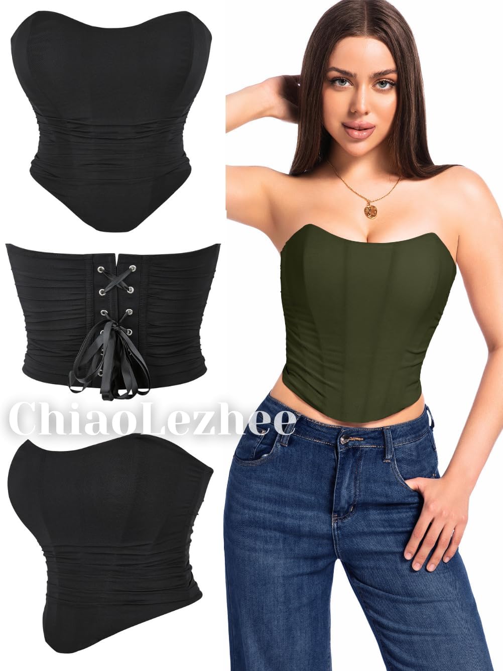 Women's Adjustable Lace-Up Corset Top, Fit Sizes 00-14, Boned Ruched Mesh - Image 7