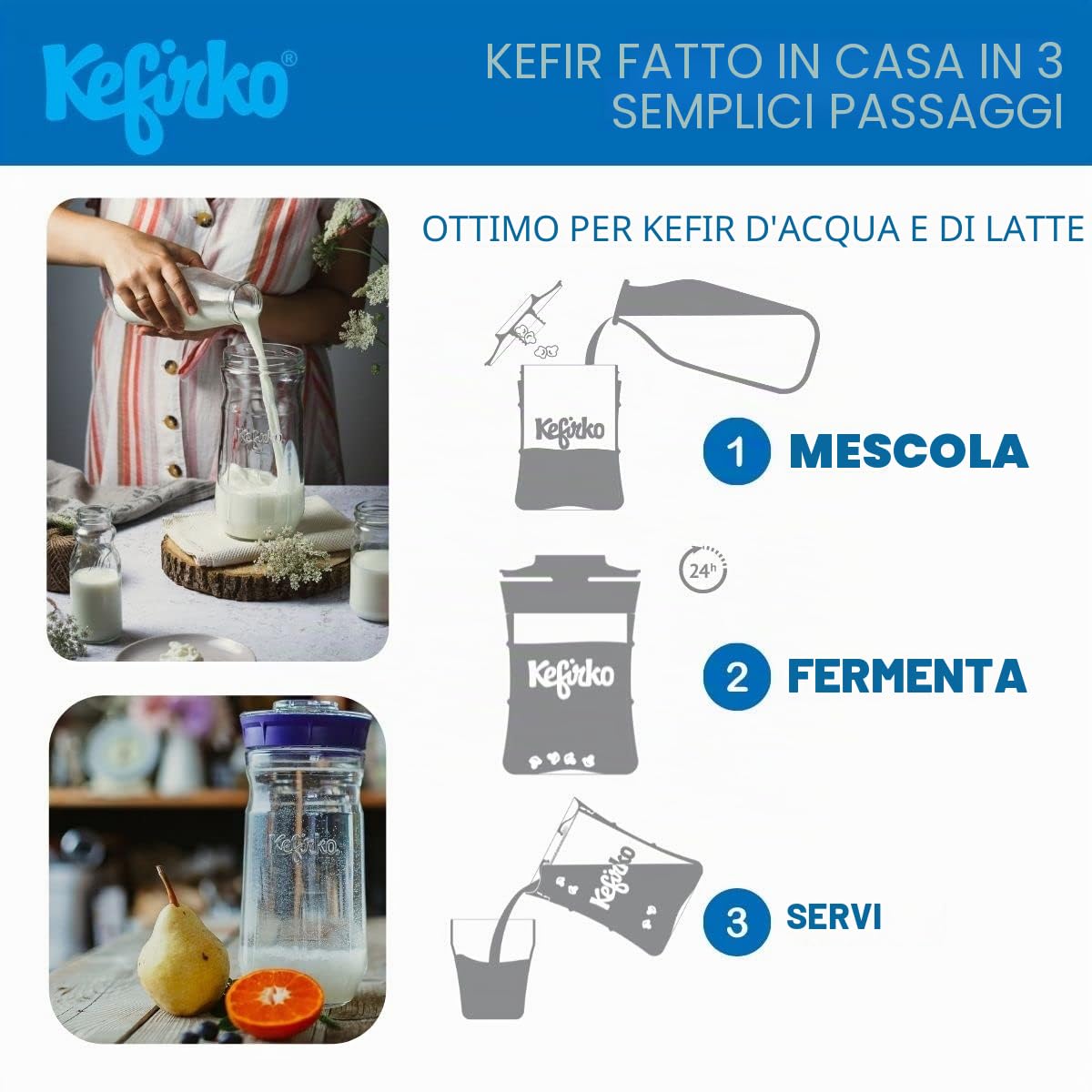 Kefirko Kefir Maker 848ml Set per La Preparazione del Kefir in Casa – Verde