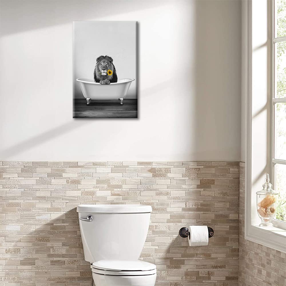 Canvas Wall Art Bathroom Decor Art Prints Painting for Living Room Bedroom Cute Animal LionTake Shower on The Bathtub Pictures Framed Artworks for Walls Ready to Hang 8x12inch (20x30cm) - Image 3