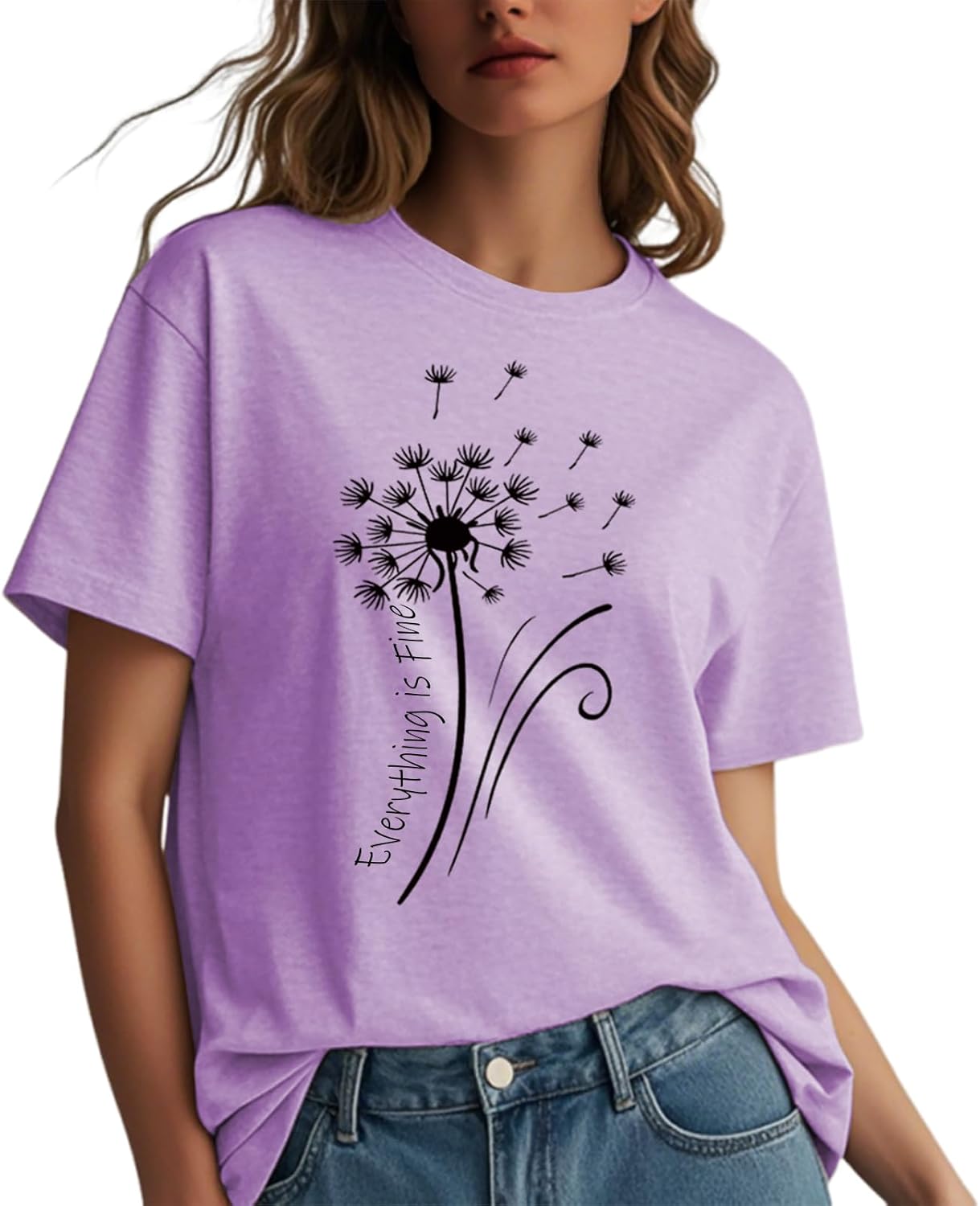 Womens t Shirts Short Sleeve Casual Summer Loose Round Neck Everything is Fine & Dandelion Graphic Tops for Women