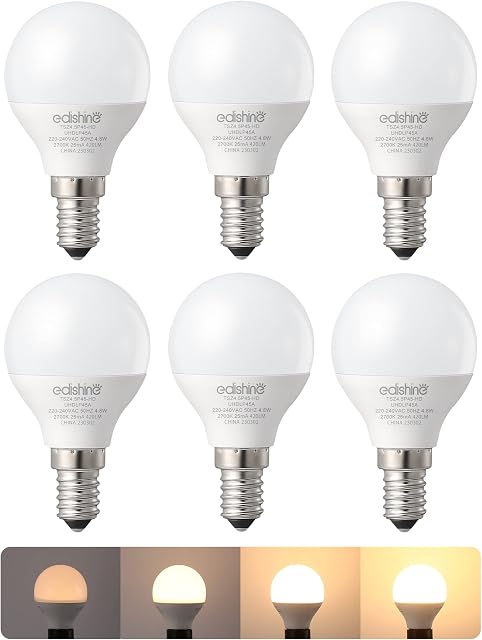 EDISHINE E14 LED Bulb, Golf Ball P45 Bulb Dimmable, Small Edison Screw (SES), Energy-Saving 4.8W (40W Equivalent), 2700K Warm White, Suitable for Dimmable Lamps, 6 Pack, UKCA/CE/ERP Listed
