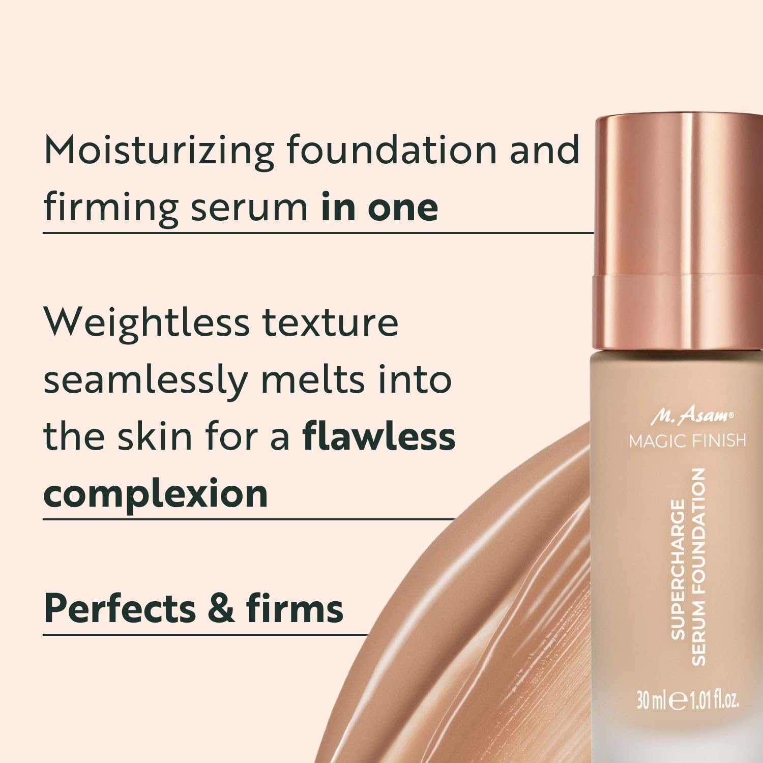 M. Asam Magic Finish Supercharge Serum Foundation Creamy Nude (30 ml) – nawilżający podkład i ujędrniające serum do twarzy w jednym, makijaż przeciwstarzeniowy o optymalnej sile krycia i kwasu