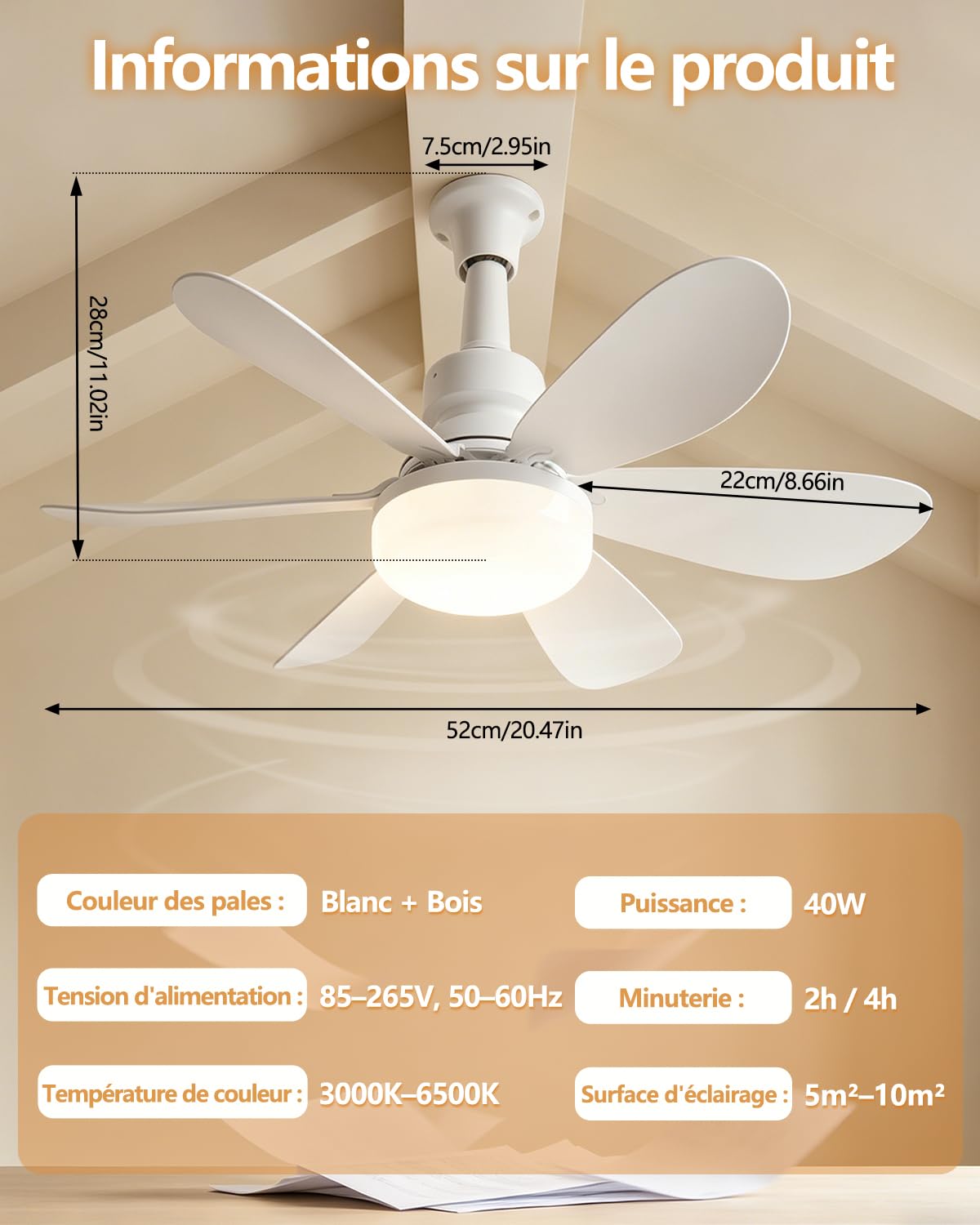Ventilateur de Plafond avec Lumière, 52CM 40W Petit Ventilateur, avec 2 Jeux de Pales, Douille E27, Silencieux, 3 Vitesses, Telecommande, Zeitgesteuert, Dimmable LED pour Salon Chambre