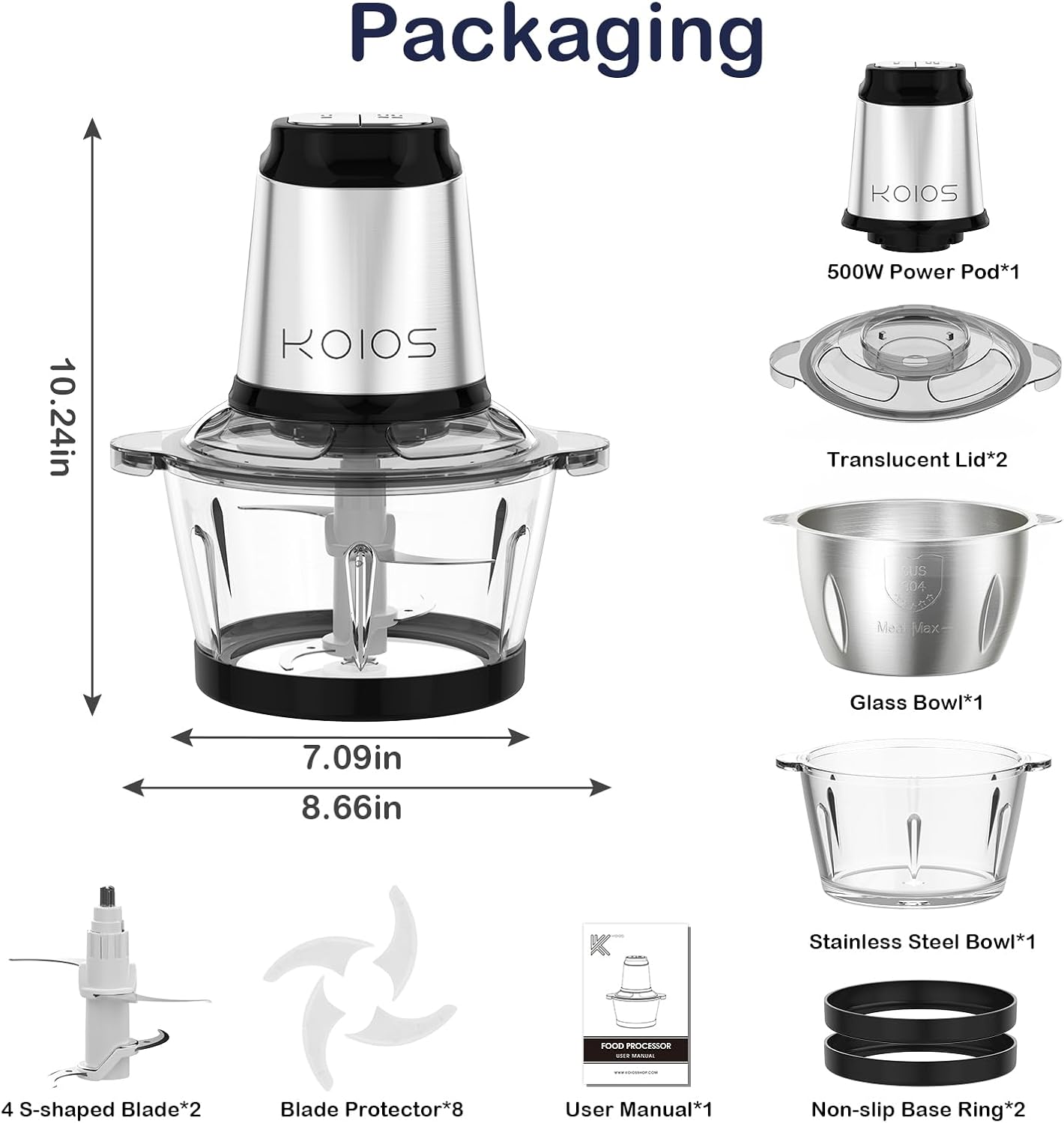 KOIOS 500W Powerful Electric Food Processor with 8 Cup Stainless Steel & Glass Bowls, 2 Speed Mode Electric Food Chopper with 2 Sets Blades Electric Meat Grinder Chopper for Family & Baby Use, Black