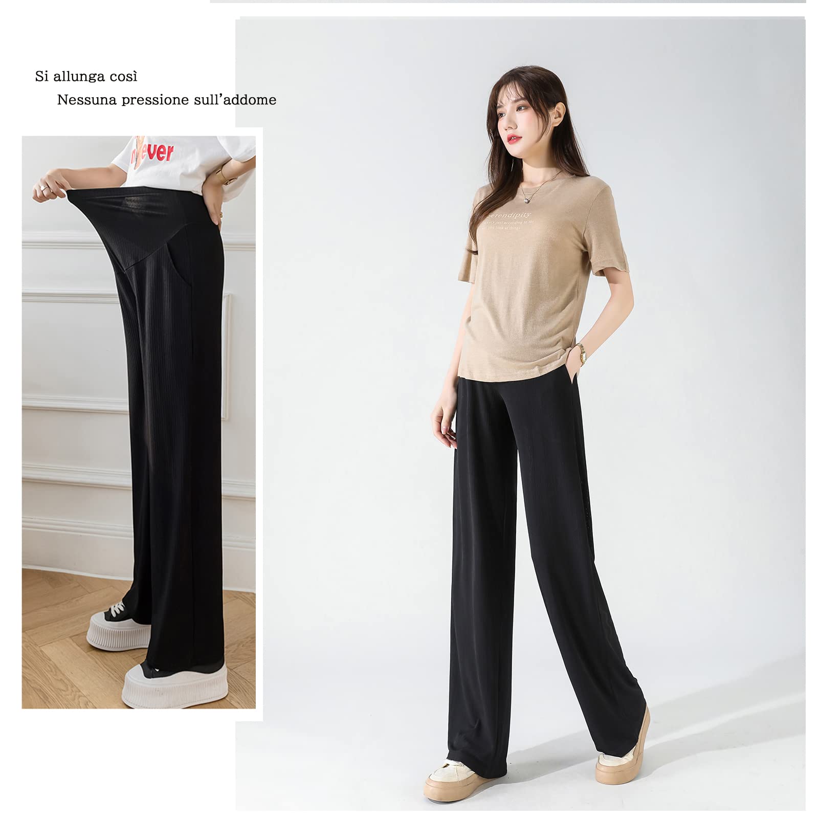 Pantalones de maternidad para mujer, pierna ancha, seda de hielo, frescos, cómodos, cintura elástica, ajustable, talla grande
