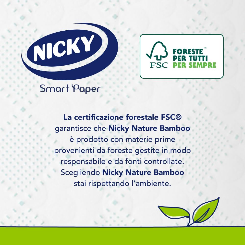 Nicky Nature Bamboo - 28 Rotoli di Carta Igienica, 160 Soffici Fogli a 3 veli di Pura Cellulosa e Arricchiti di Fibre di Bamboo, Morbida e Confortevole, Sostenibile Dentro e Fuori, Bianca