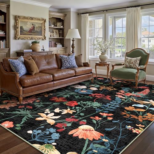 PureCozy Washable Floral Area Rug 6x9 for Living Room Vintage Black Carpet