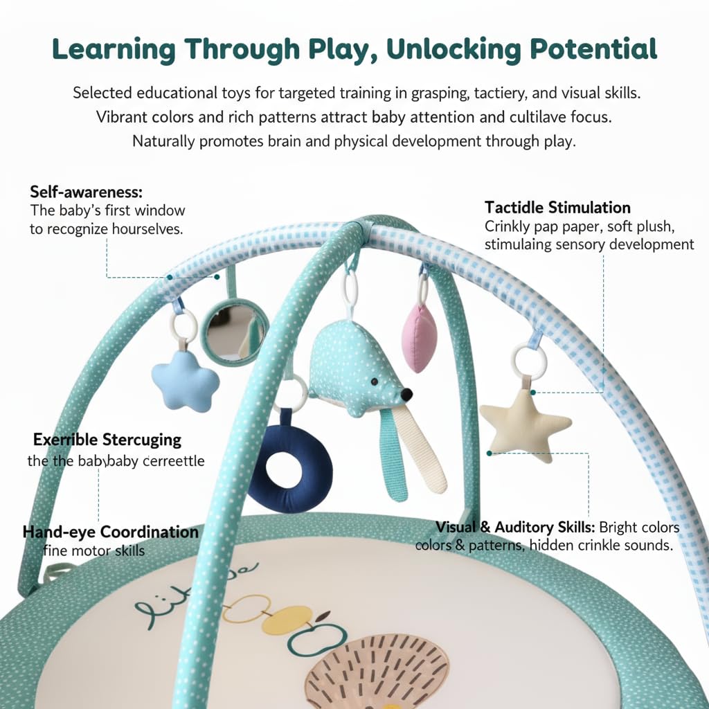 Baby Play Gym Mat & Activity Mat - 100% Cotton Soft Playmat with 6 Detachable Toys for Tummy Time, Machine Washable, Sensory Development Gift (Hedgehogs)