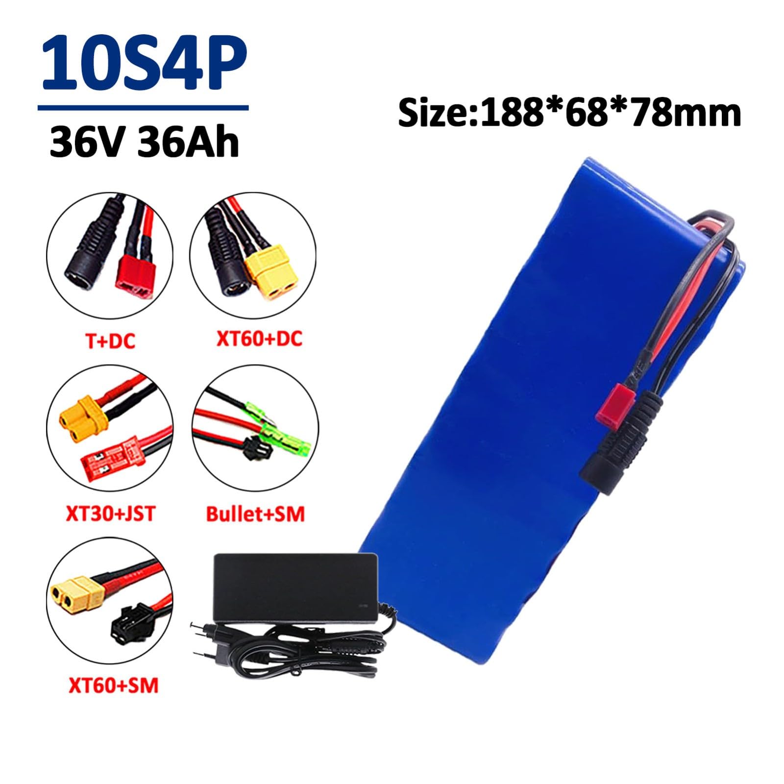 Batería De Iones De Litio De 36 V Y 36 Ah para Bicicleta Eléctrica, Batería para Patinete Eléctrico, Batería Recargable 10S4P con Cargador Y Protección BMS Integrada.