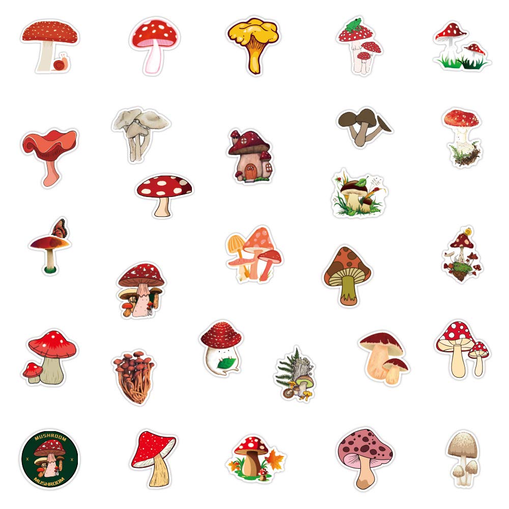 Fungo Carino Adesivi, 100 Pezzi Impermeabile in Vinile Kawaii Adesivi per Laptop, Skateboard, Bottiglia D'acqua
