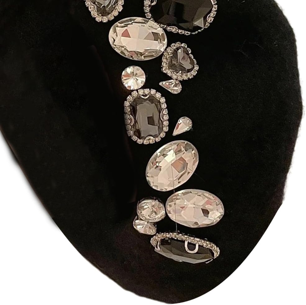 Rhinestone Beret Hat All-Match Newsboy Hat Painter Hat Women Slouchy Beret French Beret Hat for Square Face Round Face Black