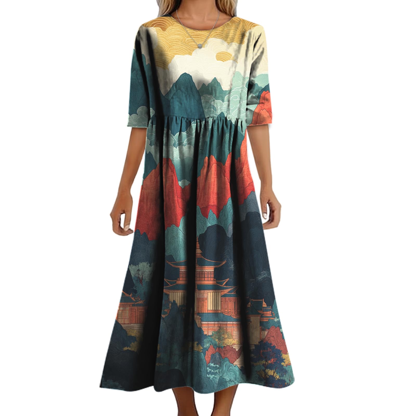 Womens Summer Maxi Dress Casual Boho Stylish Cotton Short Sleeve Flowy High Waist Long Beach Sundress