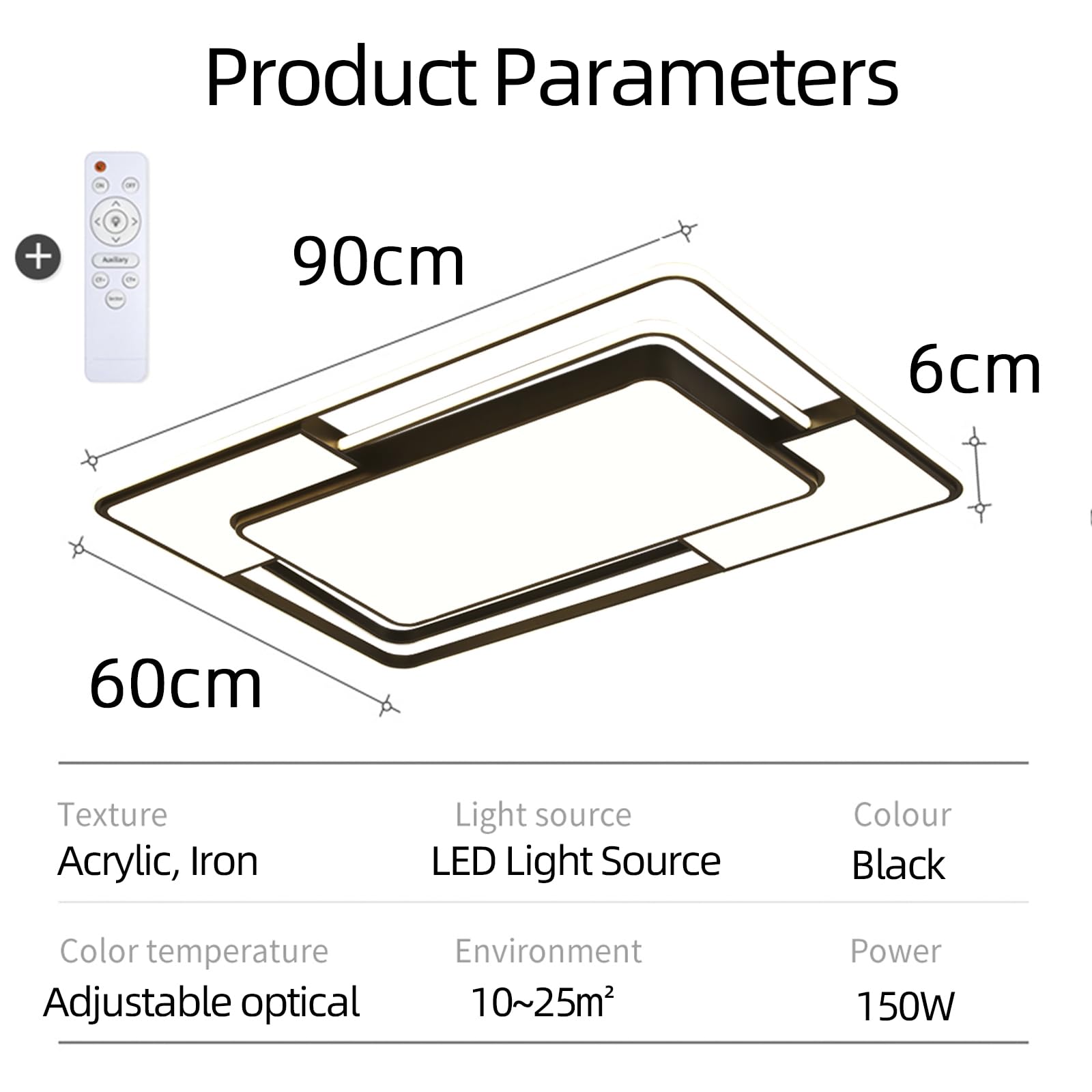 150W LED Deckenleuchte voll dimmbar mit Fernbedienung 3000-6000K | Rechteckige Deckenleuchte aus Metall, modern Lampe für Wohnzimmer Schlafzimmer Büro,Schwarz(90x60x6cm)