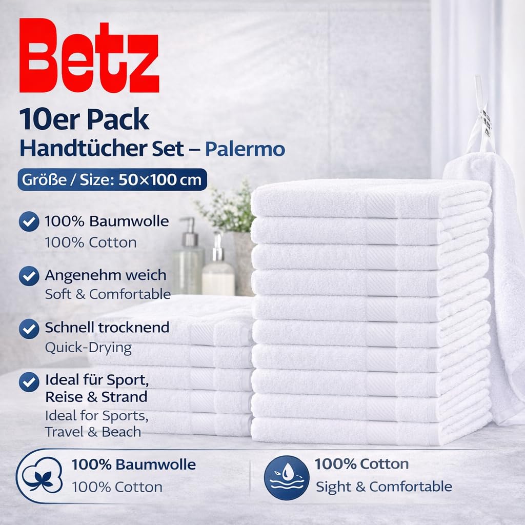 Betz Handtuch 10er Pack Handtücher Set Palermo Größe 50x100 cm 100% Baumwolle - gut trocknend, leichte Qualität - ideal für Sport, Strand, Reisen Farbe weiß
