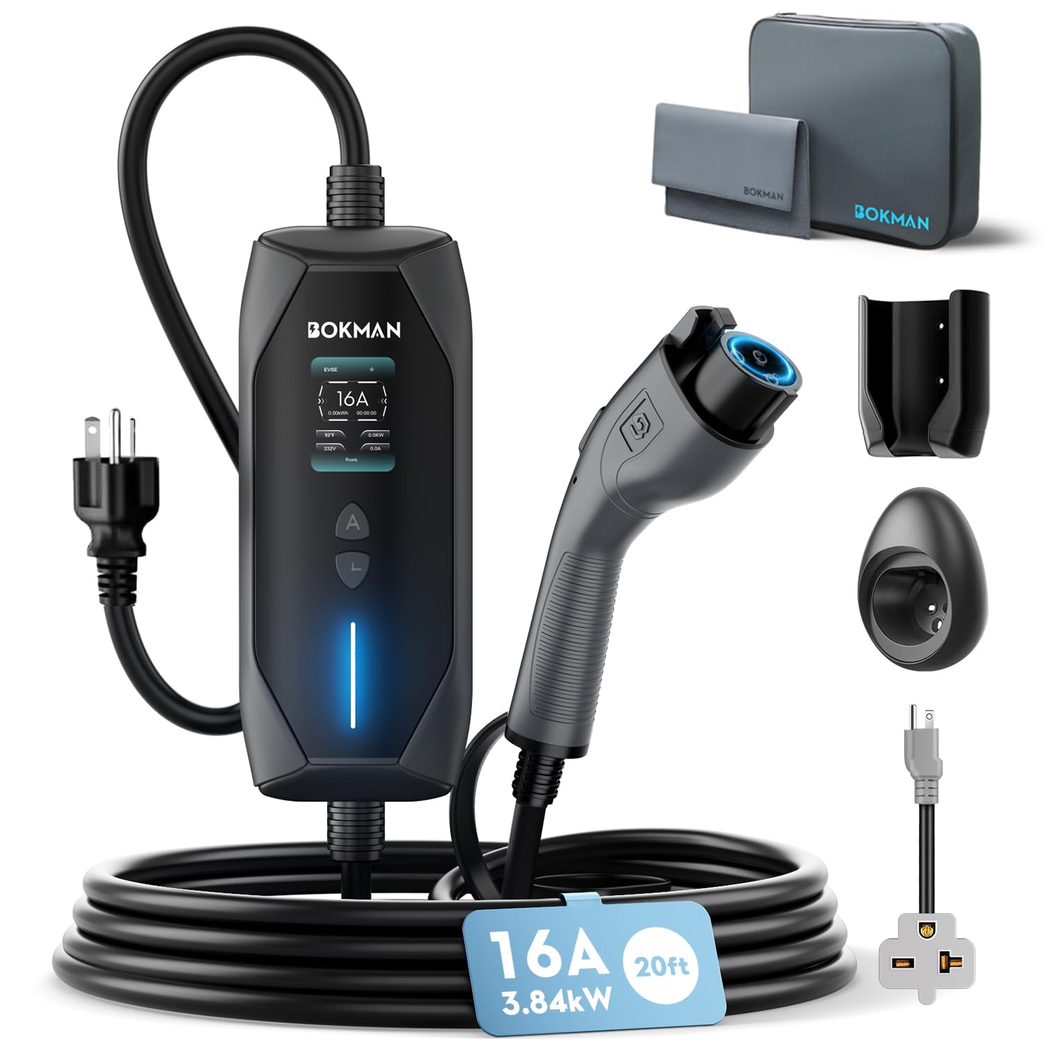 bokman Portable Level 1&2 EV Charger, 16A 20ft, NEMA 6-20P/5-15 Adapter | Dual 120V/240V, Adjustable 6-16A & 1-12H Delay timer, IP65, J1772 Connector, ETL Certified