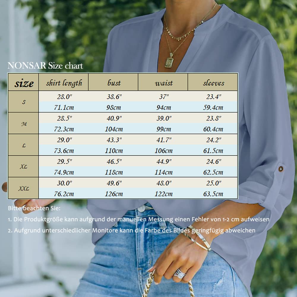 NONSAR Camicetta da donna Henley, elegante, con scollo a V, maniche arrotolabili, in stile casual