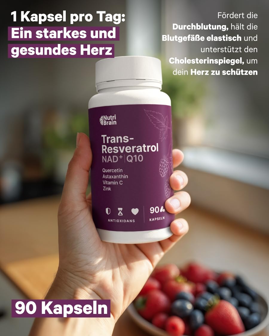 Trans-Resveratrol, NAD⁺, Coenzym Q10, Quercetin, Astaxanthin, Vitamin C & Zink | Antioxidativ, Anti-Aging & Immunsystem | 90 Kapseln | Hochdosiert | Mit 7 synergetischen Wirkstoffen | 3 Monats-Vorrat