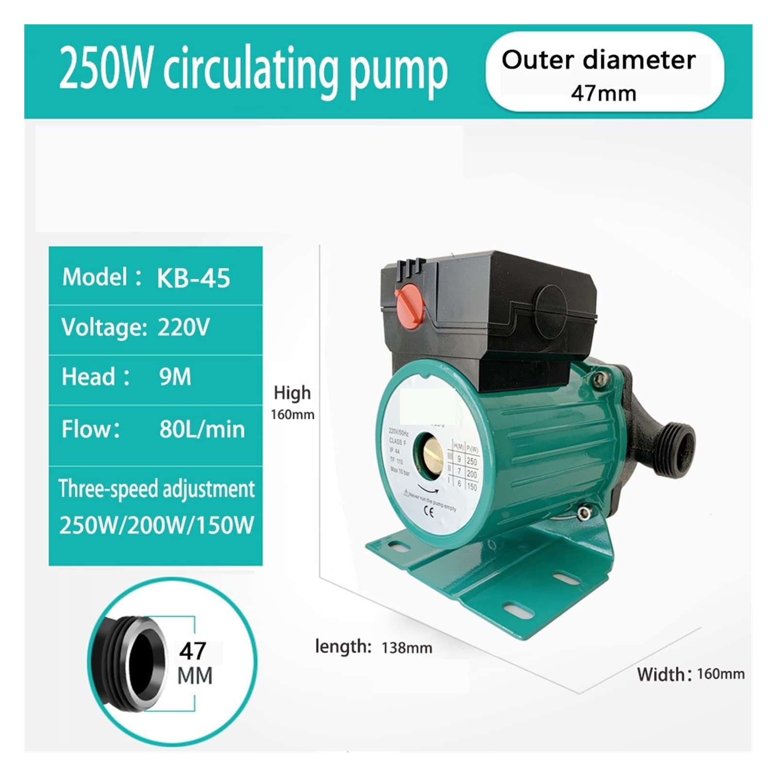 Bomba de circulación agua caliente calefacción 250w/320W for el hogar for calentar aire acondicionado la caldera Central ultrasilencioso,Mantenimiento Industrial(250w 47mm)