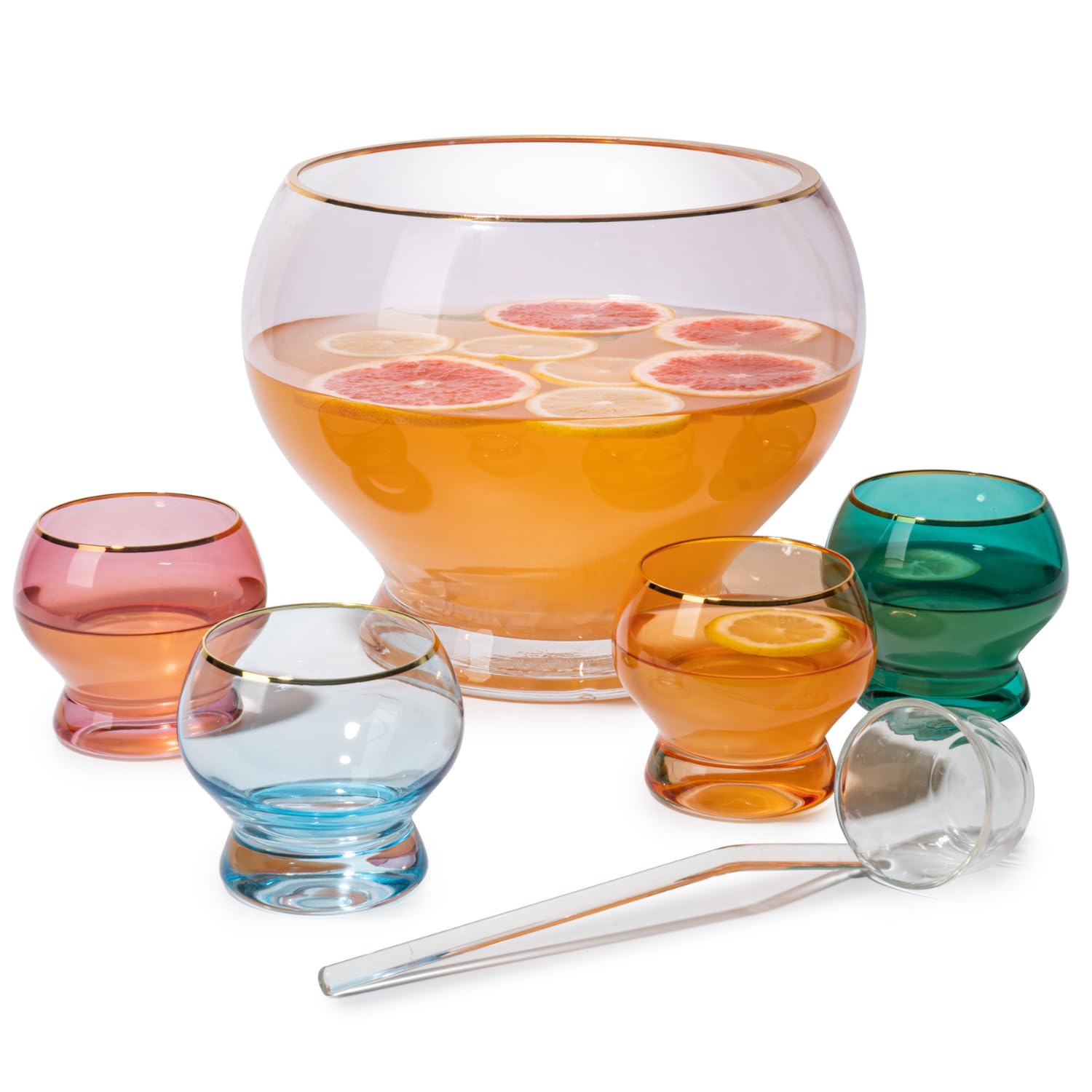Bol à punch coloré de 6 litres avec 4 verres de 283,5 g avec louche, cadeau pour la fête des mères, elle, épouse, maman, amie – Ensemble coloré pour cocktails, margarita, jus, punch drink bol pour