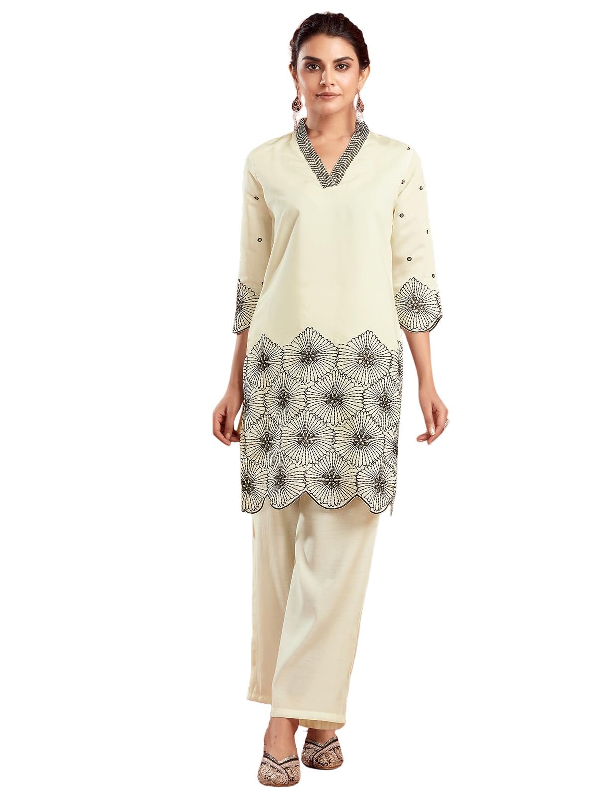Selvia Co-Ords Set For Women|Silk Blend Kurti And Trouser Set|Ethnic Co-Ords Set For Women|Embroidery Two Piece Co-Ord Set(743Ctk8024N-S_Creme)