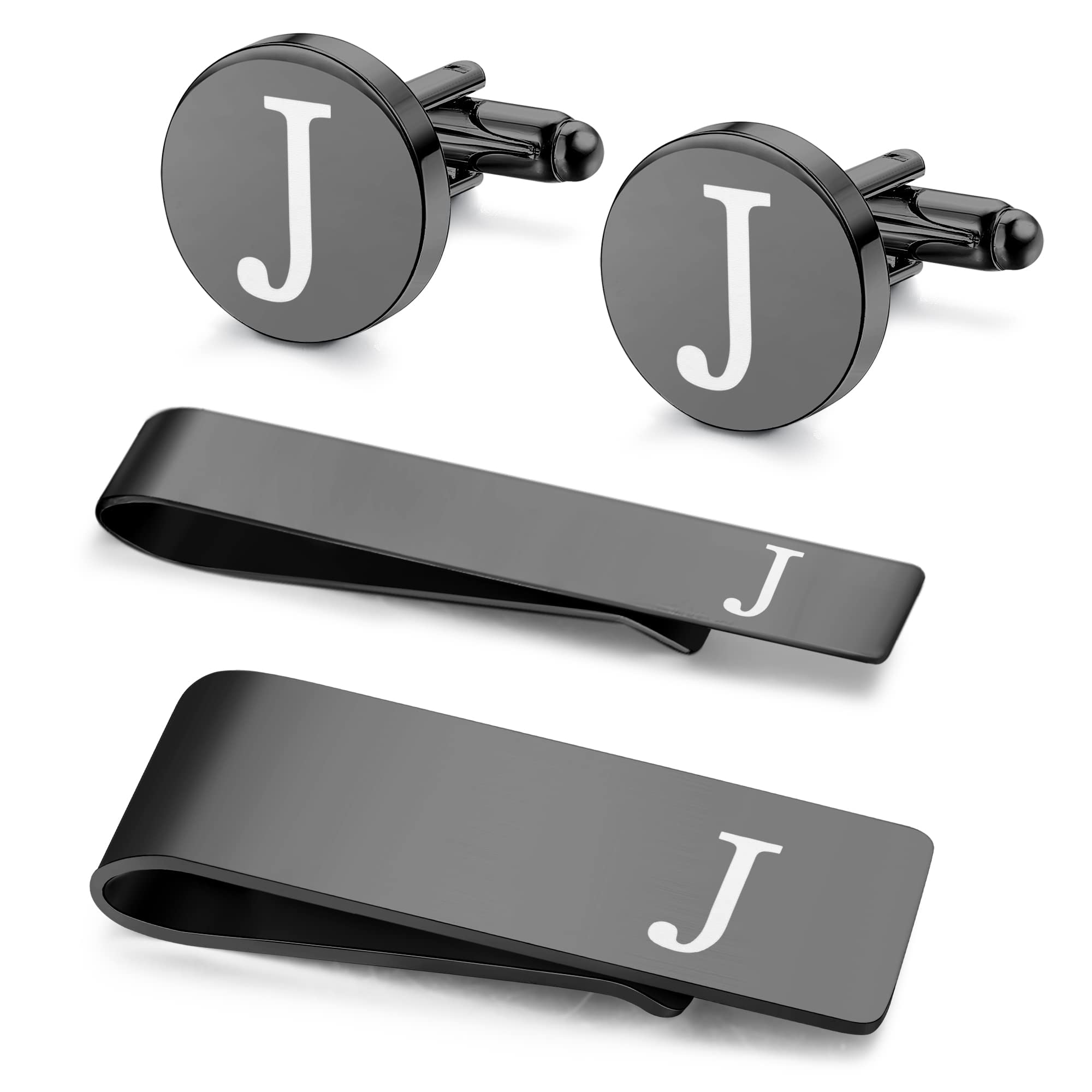 Morfetto 4 PIEZAS de Acero Inoxidable Grabado Inicial Gemelos y Barra de Corbata Juego de Clips para Dinero Clip de Corbata Letra del Alfabeto A-Z con Caja de Regalo para, Hombre Novio Boda Negocios