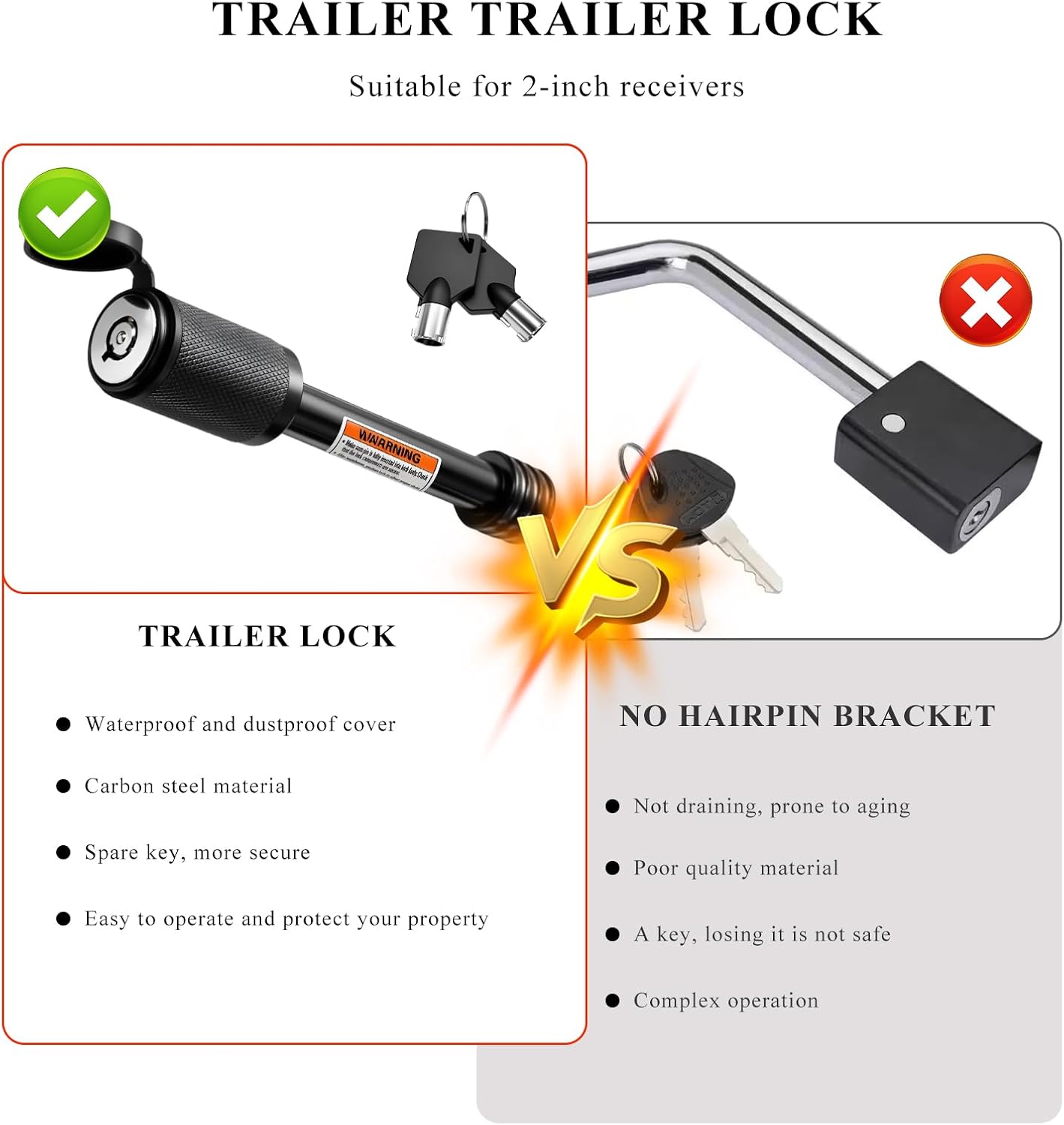2PCS Hitch Receiver Pin Lock, 5/8" Dia 3-1/2" Long Heavy Duty Trailer Lock with Anti-Rattle O-Rings & Keys, Anti-Theft Tow Hitch Locks for Class III IV 2" & 2-1/2" Receivers