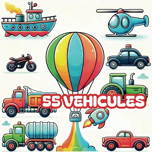 55 Véhicules - Le Grand Livre de Coloriage Véhicules Contour Épais Enfants 2 à 6 Ans - Coloriages faciles gros trait - Mes Premiers véhicules: ... Bateau, Montgolfière, Sous-marin, Moto, OVNI