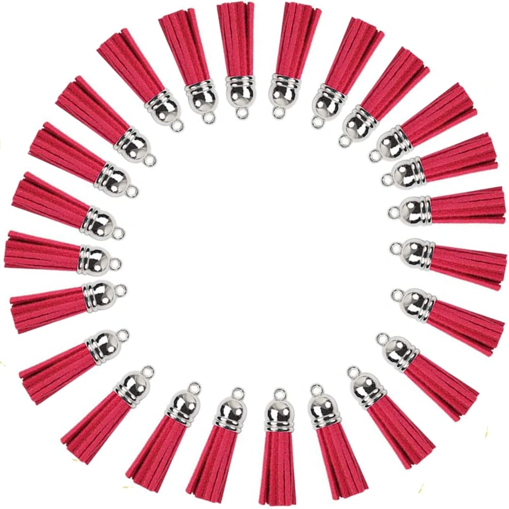 Keychain Tassels Leather Tassel Pendants with Silver White Caps,Tassel Charm for Jewelry Making Keychain Bracelets Ring Crafts -30pcs(1-1/2 inch,Blue) (Hot Pink)