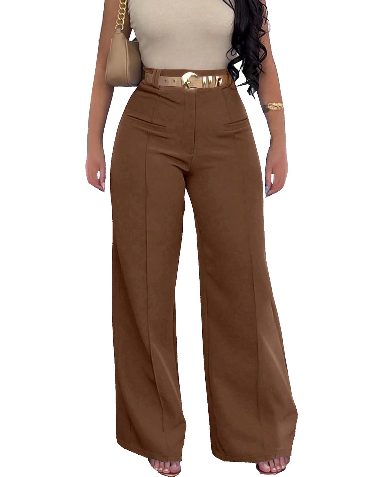 Yuopeid Womens High Waist Straight Long Pants Solid Color Wide Leg Pants Business Work Office Casual Trousers