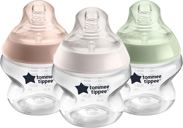 Tommee Tippee Closer to Nature Baby Bottles, Slow-Flow Breast-Like Teat with Anti-Colic Valve, 150ml, Pack of 3, Mixed Colours