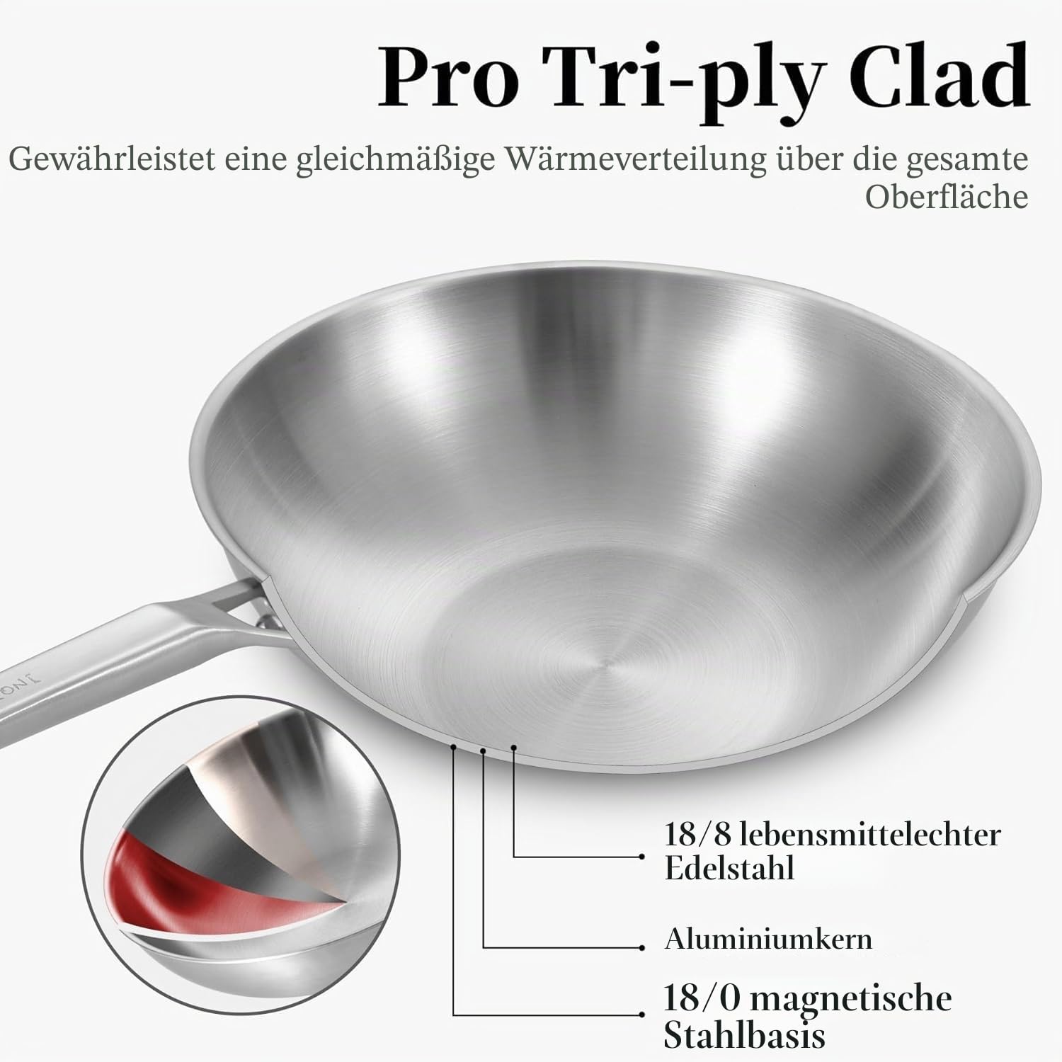Inqibee Wokpfanne Edelstahl 32 cm mit Deckel | Unbeschichtete Wok Pfanne für Induktion & Gasherd, Edelstahlpfanne ohne Beschichtung, Stainless Steel Wok, genieteter Griff
