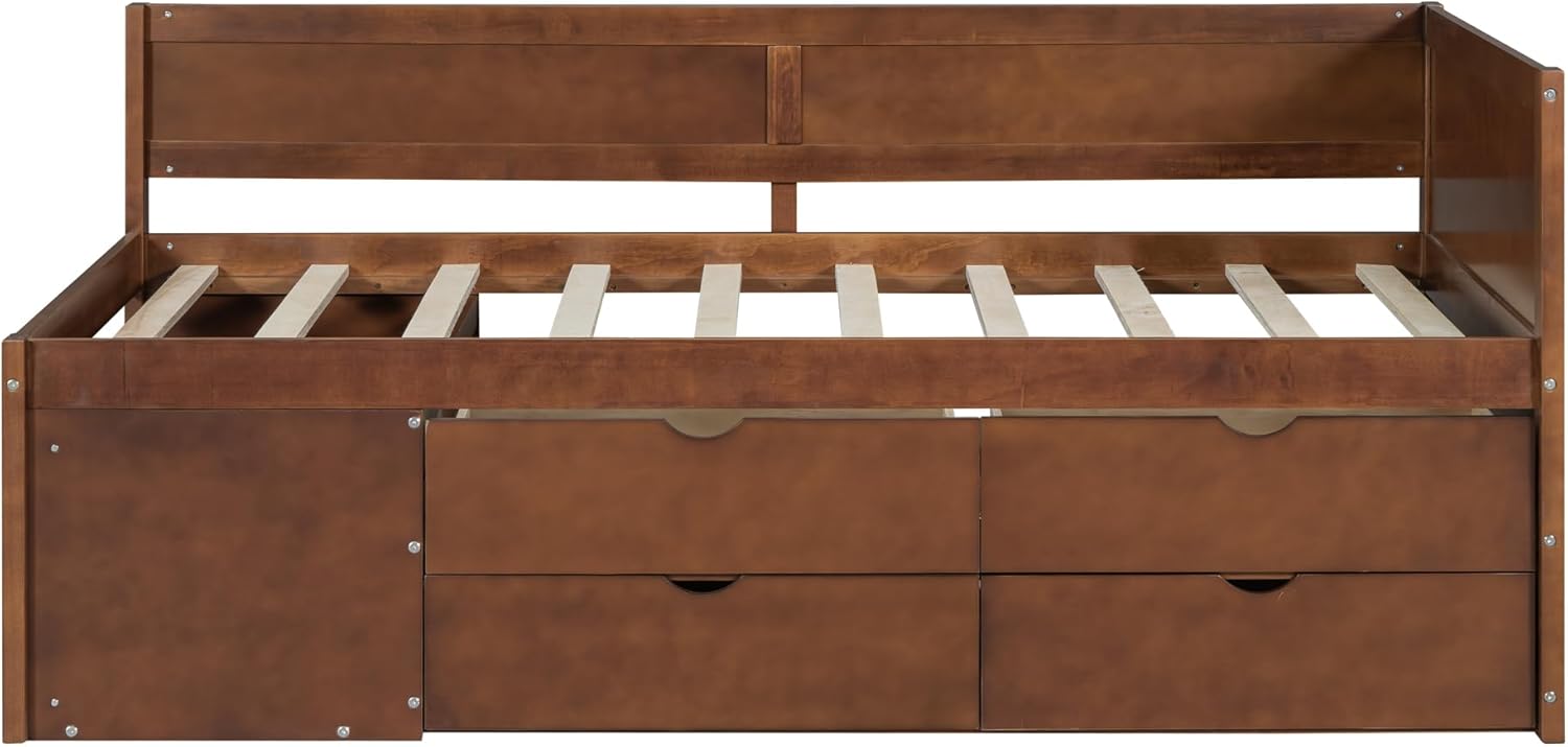 Twin Size Daybed with Drawers and Shelves, Multifunctional Wood Bed Frame with Cabinets for Kids Girls Boys, Daybed Frame with Storage Shelf for Bedroom, Living Room, Guest Room (Walnut, Twin)