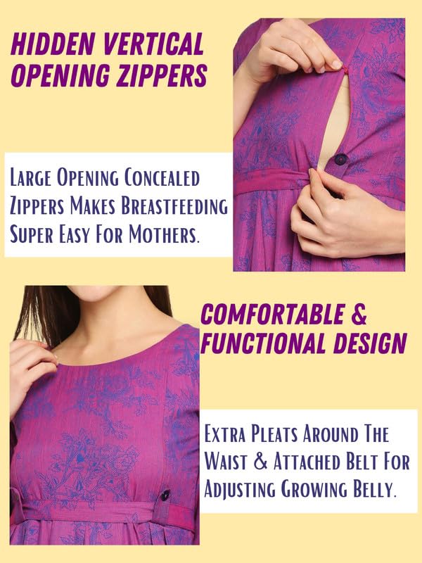 Image of DUMMY SHAPE Maternity Dresses for Women Cotton | Feeding Anarkali Kurta with Concealed Nursing Zippers for Pre & Post Pregnancy | Mom to Be Gifts (DS-MAT-P054 M, Purple)