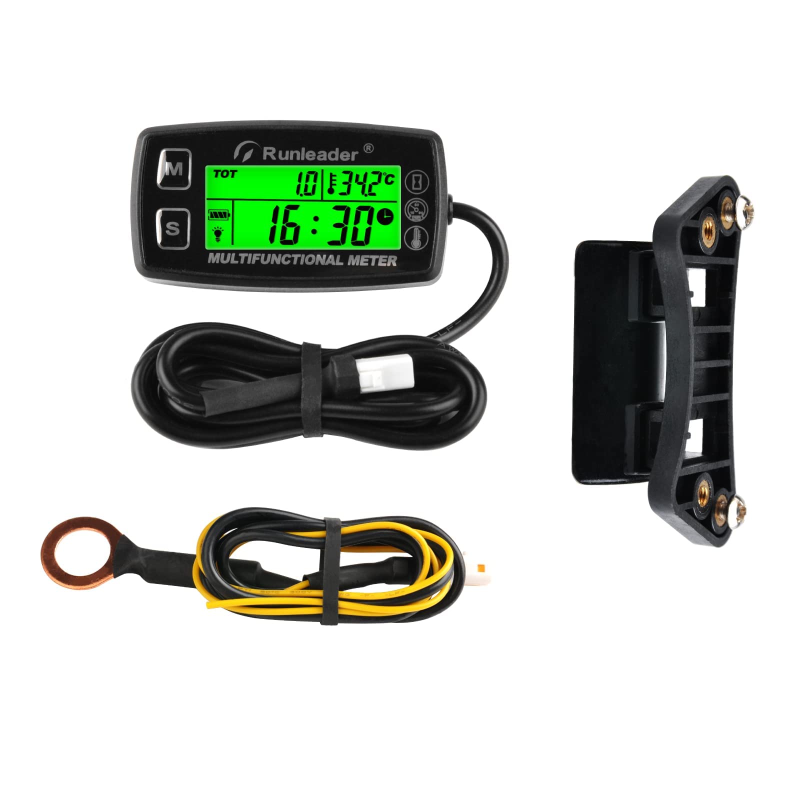 Runleader Tachymètre Compteur D'Heures Jauge Température Moteur | RL-HM035A-M5 Avec Support De Montage,Alerte RPM Et Temp,Écran Rétroéclairé,Pour Tracteurs Tondeuses,Compresseurs,Générateurs